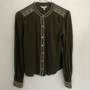 LUCKY BRAND Women Olive Green Embroidery Detail Long Sleeve Blouse Sz XS